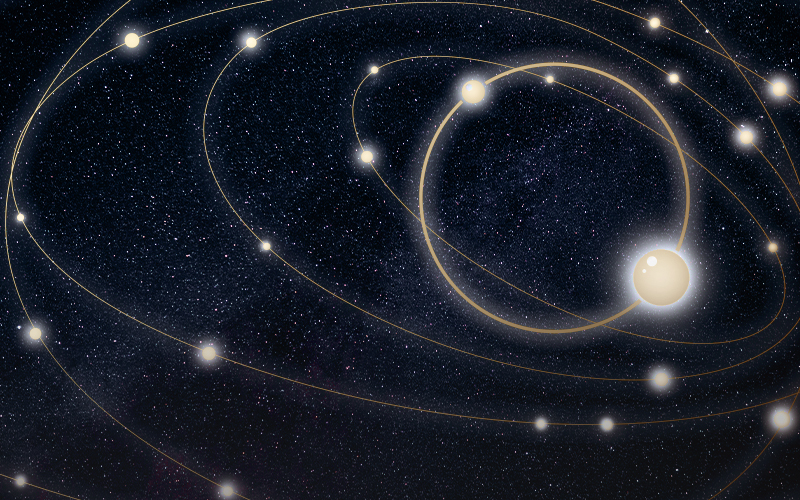 multiple orbits stylized over star background