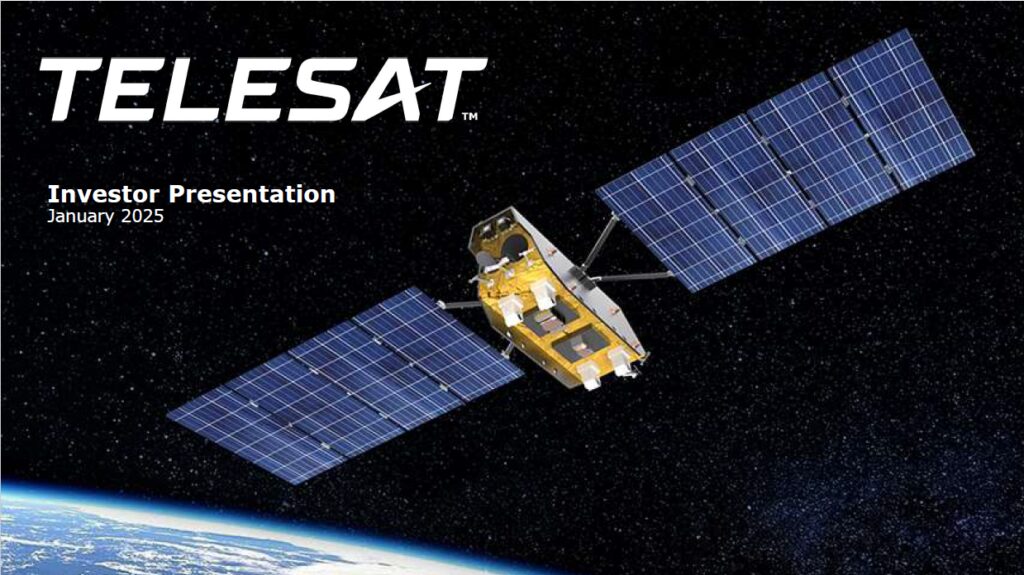 November 2024 Investor Presentation cover image of Telesat Lightspeed satellite in space.