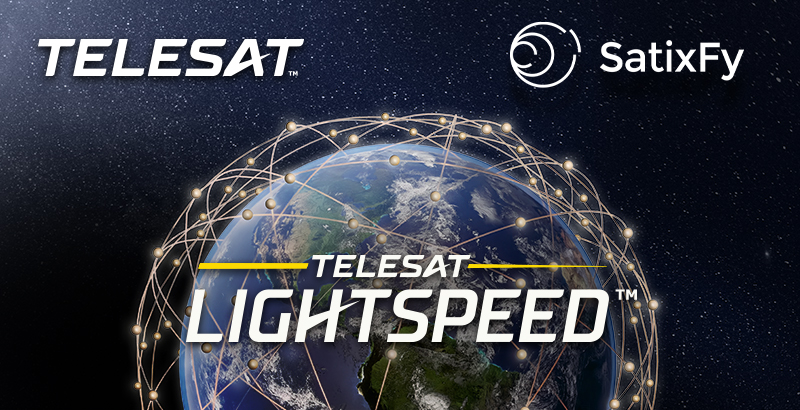 Telesat logo, SatixFy logo and Telesat Lightspeed logo appear over the artist rendering of Earth with constellation around it