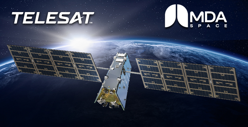 Telesat and MDA logo over artist illustration of Telesat Lightspeed satellite