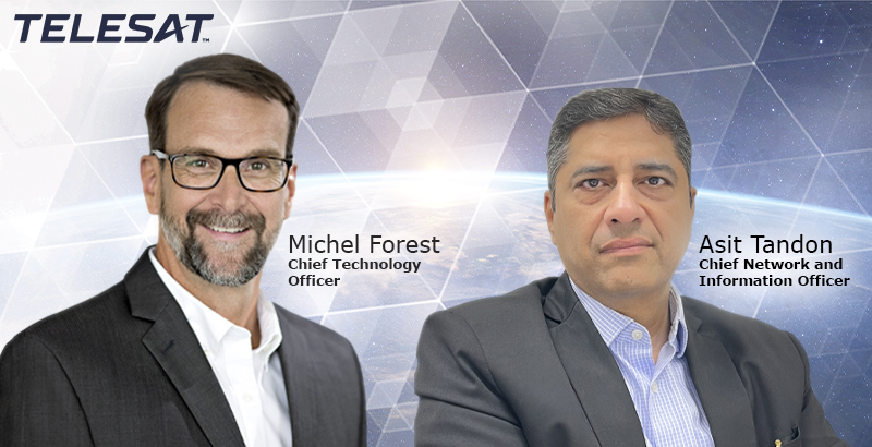 Michel Forest and Asit Tandon with Telesat logo