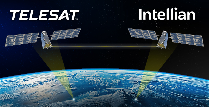 Telesat and Intellian logos with satellite rendering over Earth in space