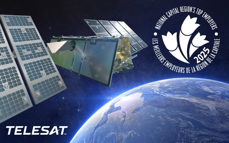 A satellite orbits Earth with the Telesat logo. A badge in the corner reads "National Capital Region's Top Employers 2025" with a tulip design.