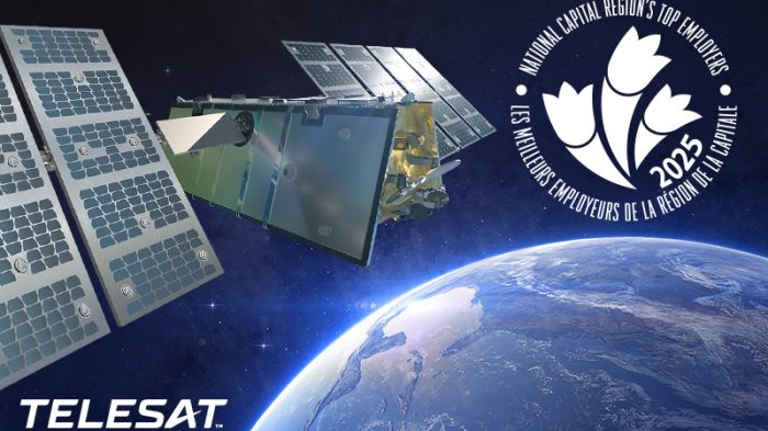 A satellite orbits Earth with the Telesat logo. A badge in the corner reads "National Capital Region's Top Employers 2025" with a tulip design.